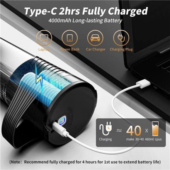 Portable Blender, 16 Oz Rechargeable Type-C Personal Mini with 4 Blades (Black) - Picture 3 of 5